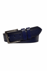%100 Hakiki Deri Çİft Dikiş Baskı Desenli PREMIUM, Lacivert Kot Spor Kemer, 4.5 cm