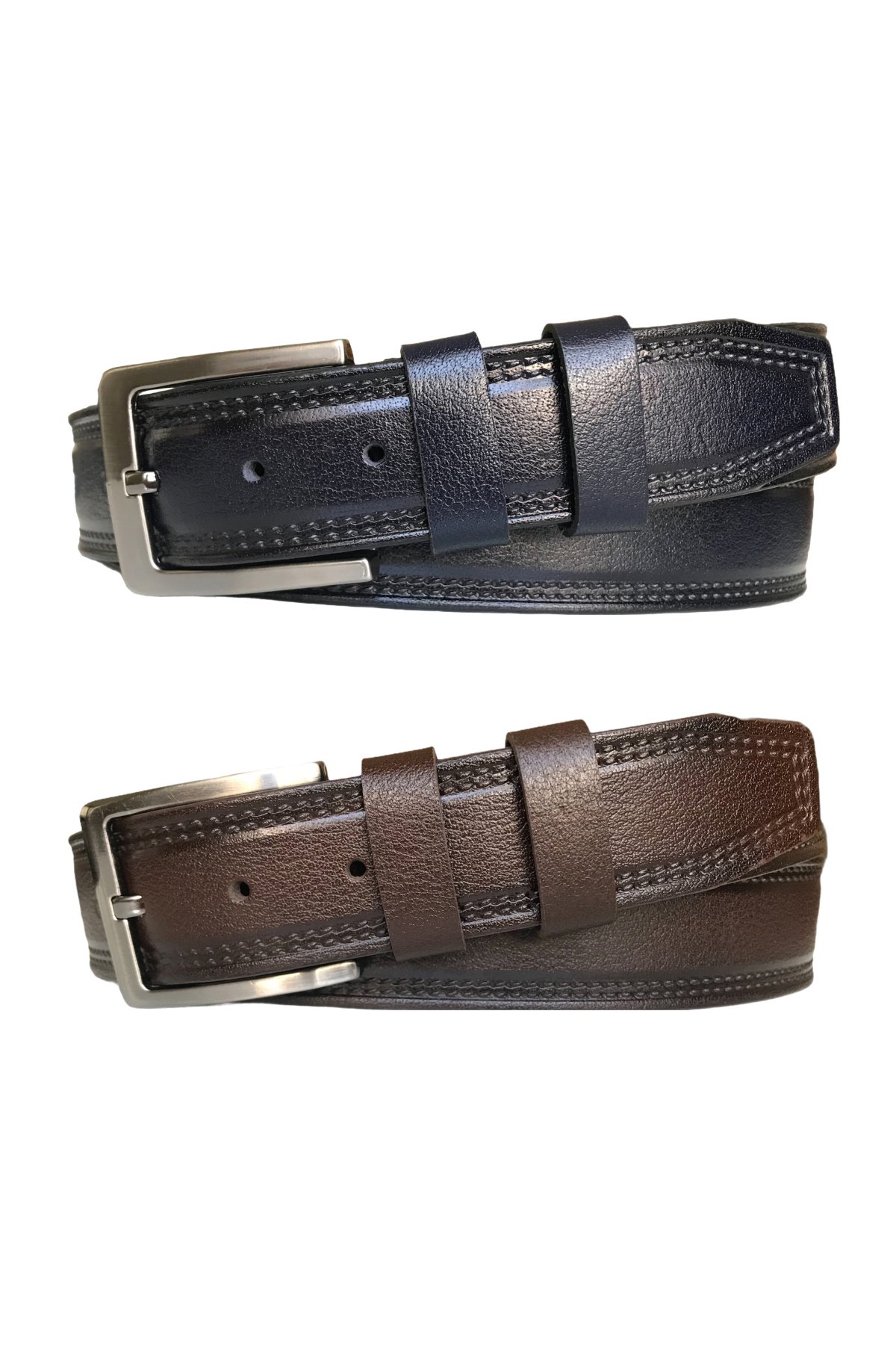 resized Hakiki Kaliteli Deri 2'li Set, Desenli Kemer; Kahverengi, Lacivert 4 cm - Görsel 1