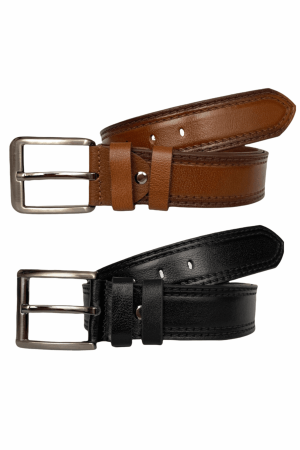 %100 Hakiki Deri Çİft Dikiş Baskı Desenli PREMIUM, 2'li Set Siyah, Kahverengi Kot Spor Kemer, 4.5 cm - Görsel 2