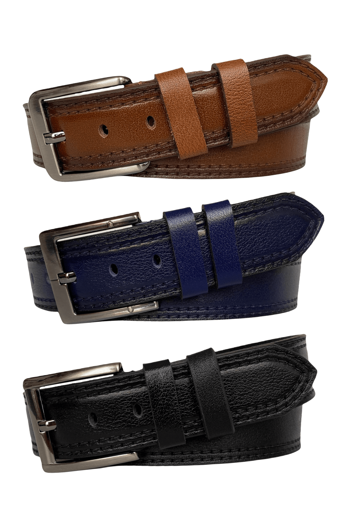resized %100 Hakiki Deri Desenli PREMIUM, 3'lü Set Siyah, Kahverengi, Lacivert Kot Spor Kemer, 4.5 cm - Görsel 1