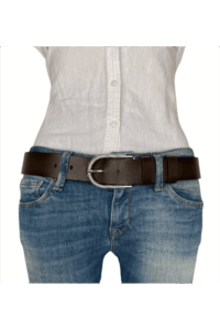 %100 Hakiki Deri, Gümüş Tokalı Koyu Kahverengi Kadın Kot, Spor Kemer 4 cm - Görsel 2