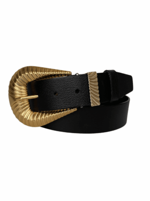 %100 Hakiki Deri, BÜYÜK Gold Tokalı, Metal Köprülü Siyah Kadın Kot Kemeri 4 cm