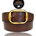 %100 Hakiki Deri, Efsane Gold Fırçalı Tokalı, Koyu Kahverengi Kadın Kot Kemeri 4 cm
