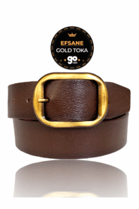 %100 Hakiki Deri, Efsane Gold Fırçalı Tokalı, Koyu Kahverengi Kadın Kot Kemeri 4 cm