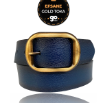 %100 Hakiki Deri, Efsane Gold Fırçalı Tokalı, Lacivert Kadın Kot Kemeri 4 cm