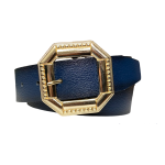 %100 Hakiki Deri, Gold Tokalı Lacivert Kadın Kot Kemeri 4 cm