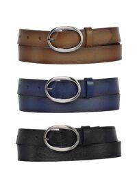%100 Hakiki Deri Mat Gümüş Oval Tokalı 3'lü set Siyah, Açık Kahverengi, Lacivert Kadın Kemeri, 3 cm