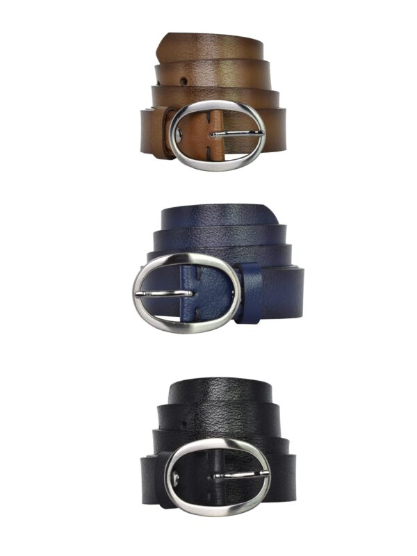 %100 Hakiki Deri Mat Gümüş Oval Tokalı 3'lü set Siyah, Açık Kahverengi, Lacivert Kadın Kemeri, 3 cm - Görsel 4