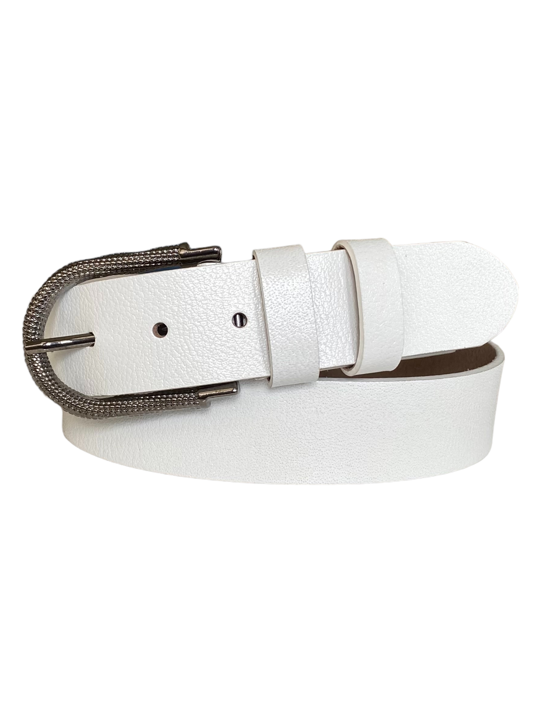 Beyaz-byn-28-1.jpg %100 Hakiki Deri, Mat Gümüş Tokalı Beyaz Kadın Kot, Spor Kemer 4 cm - Görsel 1