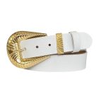 %100 Hakiki Deri, BÜYÜK Gold Tokalı, Metal Köprülü Beyaz Kadın Kot Kemeri 4 cm