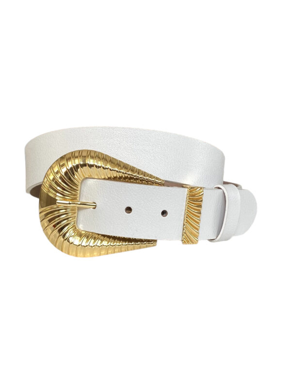 %100 Hakiki Deri, BÜYÜK Gold Tokalı, Metal Köprülü Beyaz Kadın Kot Kemeri 4 cm - Görsel 3