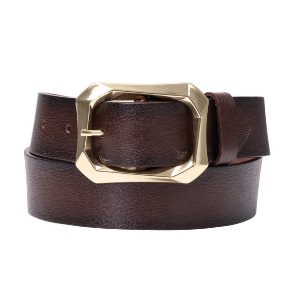 Kadın Moda Gold Renk Tokalı, Tek parça yumuşak hakiki deri Koyu Kahverengi kemer, Genişlik 3.8 cm - Görsel 3