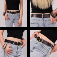 Kadın Moda Gold Renk Tokalı, Tek parça yumuşak hakiki deri Koyu Kahverengi kemer, Genişlik 3.8 cm - Görsel 5