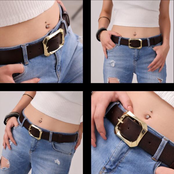 Kadın Moda Gold Renk Tokalı, Tek parça yumuşak hakiki deri Koyu Kahverengi kemer, Genişlik 3.8 cm - Görsel 6