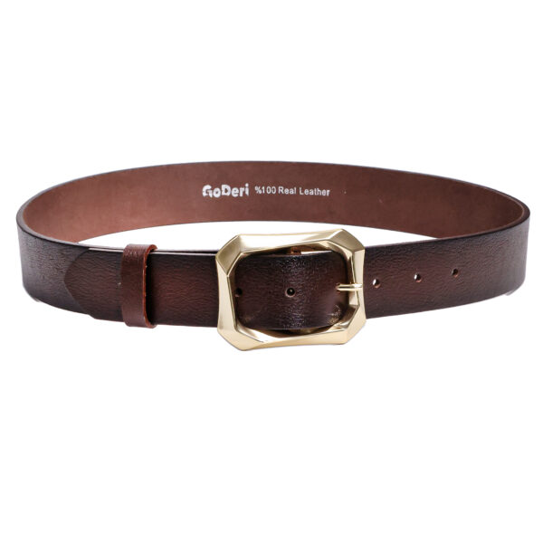 Kadın Moda Gold Renk Tokalı, Tek parça yumuşak hakiki deri Koyu Kahverengi kemer, Genişlik 3.8 cm - Görsel 7