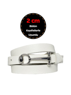 %100 Hakiki Deri, Gümüş Tokalı İnce 2 cm Süt Beyaz Kadın Kemeri; Elbise Kemeri, Pantolon Kemeri_anh