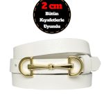 %100 Hakiki Deri, Gold Renk Tokalı İnce 2 cm Süt Beyaz Kadın Kemeri; Elbise, Pantolon KemeriD&D
