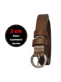 %100 Hakiki Deri, Gümüş Tokalı İnce 2 cm Açık Kahverengi Kadın Kemeri; Elbise, Pantolon Kemeri_kilt