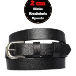 %100 Hakiki Deri, Gümüş Tokalı İnce 2 cm Siyah Kadın Kemeri; Elbise Kemeri, Pantolon Kemeri_düz