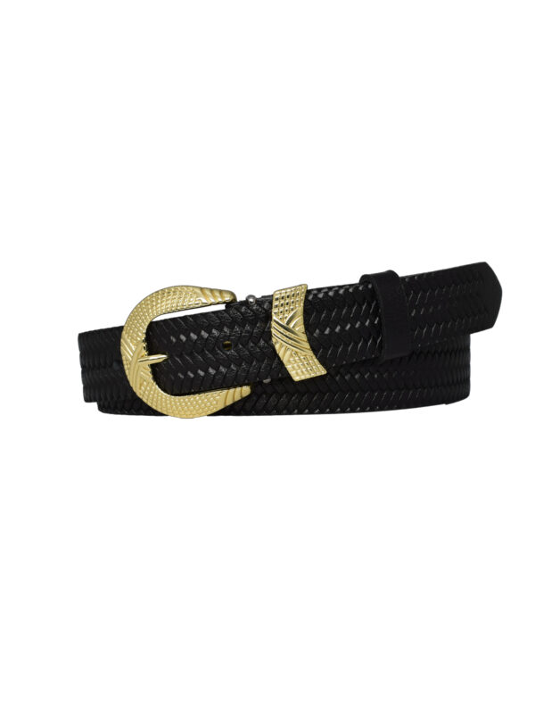%100 Hakiki Deri Gold Tokalı Örgü Desenli Siyah Ince Kadın Kemeri, 3cm=3cm-kdn-27 - Görsel 3