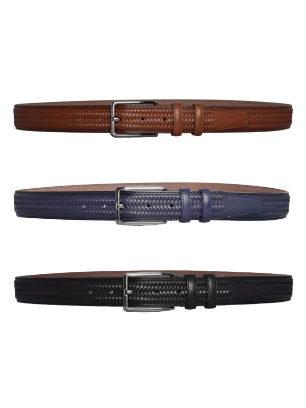 %100 Hakiki Deri, 3'lü Set Siyah, Lacivert, Tosado, Örgü Baskılı Kumaş Pant. Kemeri 3.5 Cm_örgü.bas - Görsel 4
