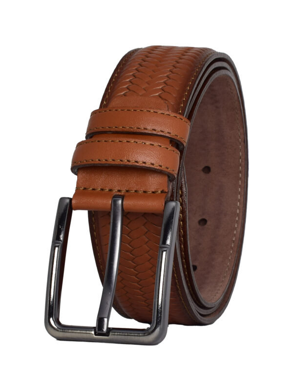 %100 Hakiki Deri, Örgü Baskılı Açık Taba Dikişli Klasik, Kumaş Pantolon Kemeri 3.5 Cm_Dikisli.Örgülü - Görsel 4