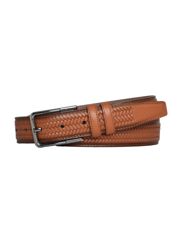 %100 Hakiki Deri, Örgü Baskılı Açık Taba Dikişli Klasik, Kumaş Pantolon Kemeri 3.5 Cm_Dikisli.Örgülü - Görsel 5