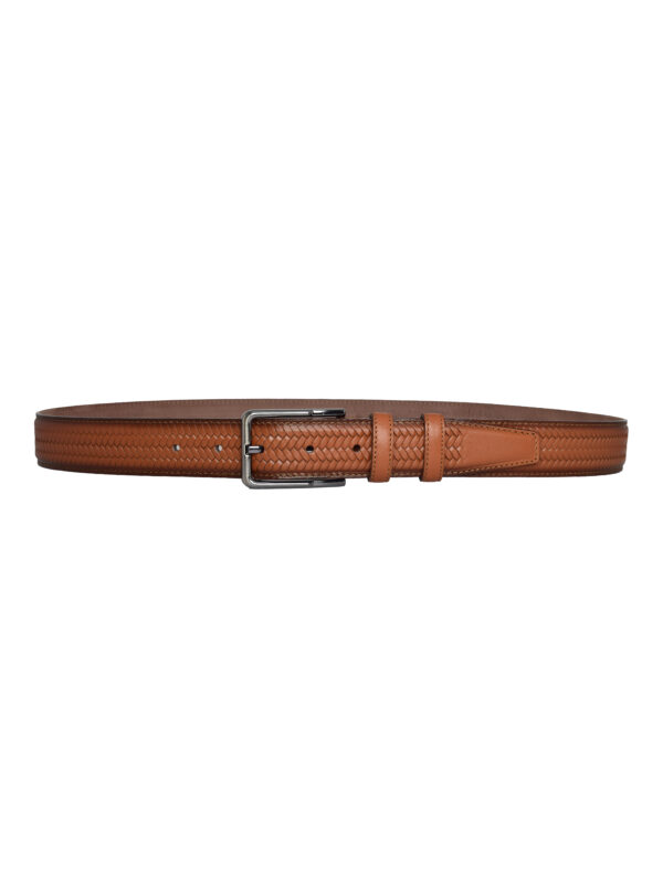 %100 Hakiki Deri, Örgü Baskılı Açık Taba Dikişli Klasik, Kumaş Pantolon Kemeri 3.5 Cm_Dikisli.Örgülü - Görsel 6