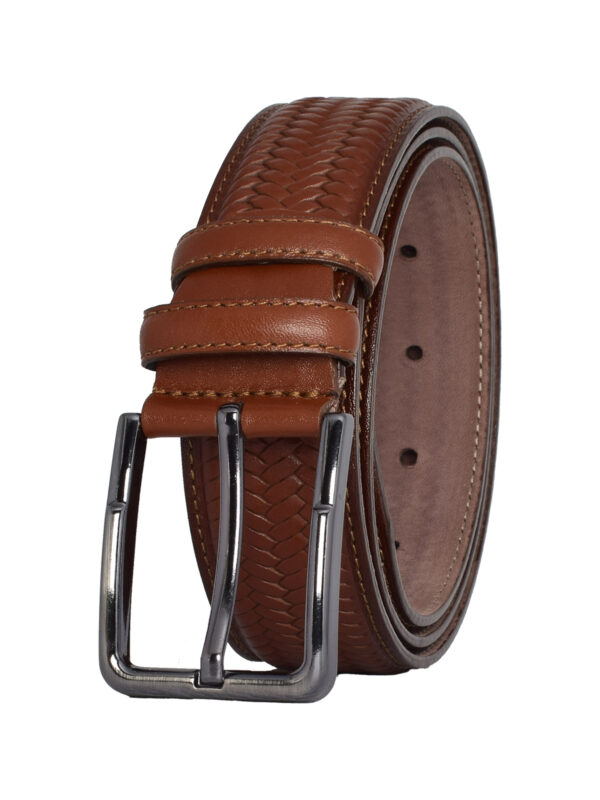 %100 Hakiki Deri, Örgü Baskı Kahverengi Dikişli Klasik, Kumaş Pantolon Kemeri 3.5 Cm_Dikisli.Örgülü - Görsel 4
