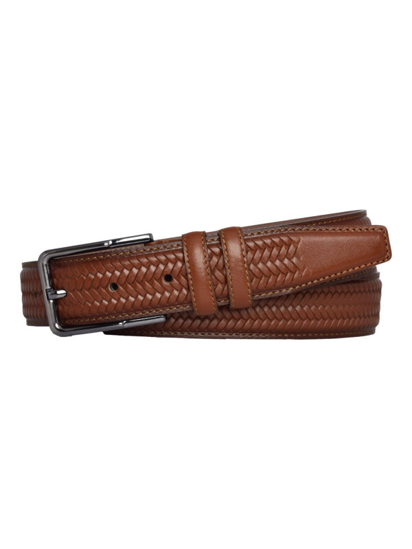 %100 Hakiki Deri, Örgü Baskı Kahverengi Dikişli Klasik, Kumaş Pantolon Kemeri 3.5 Cm_Dikisli.Örgülü - Görsel 6