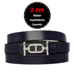 %100 Hakiki Deri, Gümüş Renk Tokalı İnce 2 cm Lacivert Kadın Elbise, Pantolon Kemeri; tt+tt