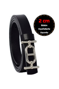 %100 Hakiki Deri, Gümüş Renk Tokalı İnce 2 cm Siyah Kadın Elbise, Pantolon Kemeri; tt+tt