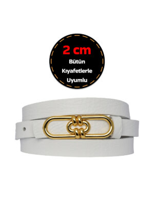 %100 Hakiki Deri, Gold Renk Tokalı İnce 2 cm Beyaz Kadın Elbise, Pantolon Kemeri; uzun.zincir