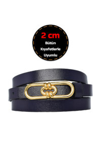 %100 Hakiki Deri, Gold Renk Tokalı İnce 2 cm Lacivert Kadın Elbise, Pantolon Kemeri; uzun.zincir