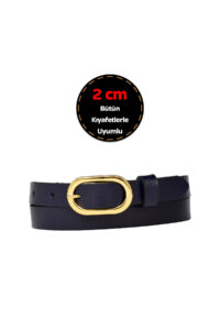 %100 Hakiki Deri, Gold Renk Tokalı İnce 2 cm Lacivert Kadın Kemeri; Elbise, Pantolon Kemeri_2OVAL