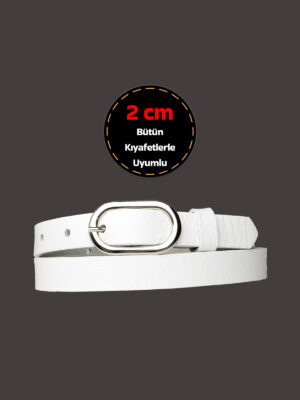 %100 Hakiki Deri, Gümüş Tokalı İnce 2 cm Süt Beyaz Kadın Kemeri; Elbise Kemeri, Pantolon Kemeri_OVAL