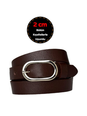 %100 Hakiki Deri, Gümüş Tokalı İnce 2 cm Koyu Kahverengi Kadın Kemeri; Elbise, Pantolon Kemeri_OVAL
