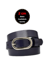 %100 Hakiki Deri, Gümüş Tokalı İnce 2 cm Lacivert Kadın Kemeri; Elbise Kemeri, Pantolon Kemeri_OVAL