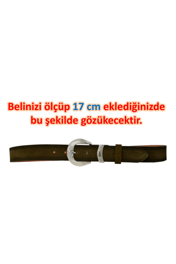 %100 Hakiki Deri, Gümüş Tokalı 4 Cm Süet Askeri Yeşil Kadın Kemeri; Kot, Spor Kemer=süet.63.ASK.Yeşl - Görsel 7