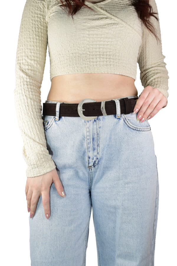 %100 Hakiki Deri, Gümüş Tokalı 4 Cm Süet Koyu Kahverengi Kadın Kemeri; Kot, Spor Kemer=süet.63.KoKa - Görsel 2