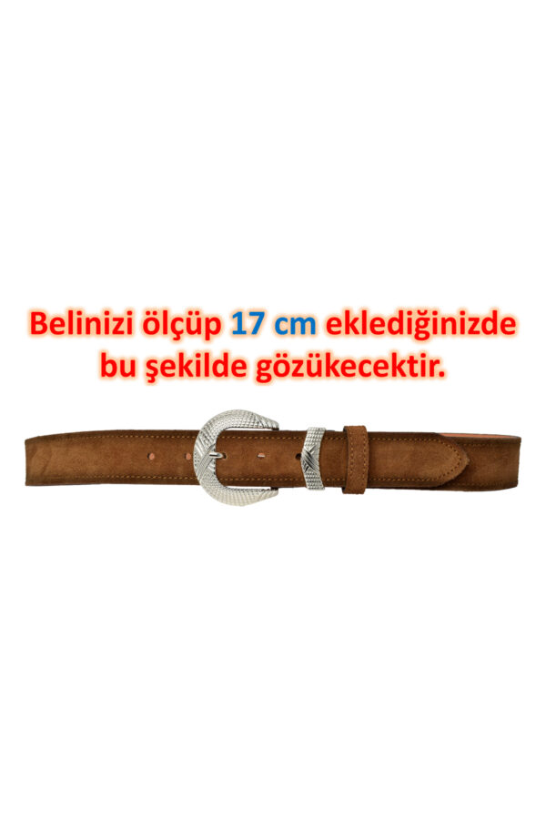 %100 Hakiki Deri, Gümüş Tokalı 4 Cm Süet Sütlü Kahverengi Kadın Kemeri; Kot, Spor Kemer=süet.63.SÜTK - Görsel 7