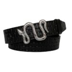 %100 Hakiki Deri, Gümüş Yılan Tokalı Siyah Desenli Kadın Kot, Spor Kemer 4 Cm=an-byn-46