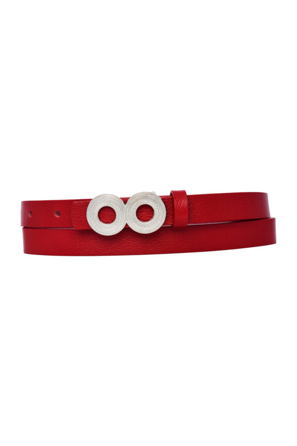 %100 Hakiki Deri, Gümüş Renk Tokalı İnce 2 cm Kırmızı Kadın Kemeri; Elbise, Pantolon Kemeri GÖZ.OVAL - Görsel 3