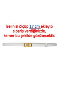 %100 Hakiki Deri, Gold Renk Tokalı İnce 2 cm Beyaz Kadın Elbise, Pantolon Kemeri; kare+kare - Görsel 2