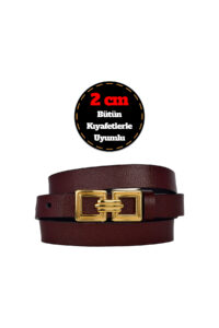 %100 Hakiki Deri, Gold Renk Tokalı İnce 2 cm Bordo Kadın Elbise, Pantolon Kemeri; kare+kare