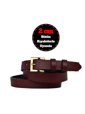 %100 Hakiki Deri, Gold Renk Tokalı İnce 2 cm Bordo Kadın Kemeri; Elbise, Pantolon Kemeri_kare