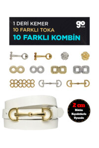 Hakiki Deri 2 cm Beyaz Kadın Kemeri Set, 1 Kemer Şeridi ve Değiştirilebilir 10 toka ile kombi-Beyaz