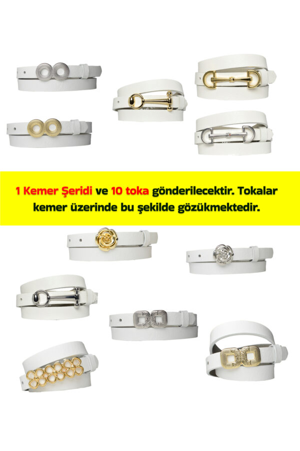 Hakiki Deri 2 cm Beyaz Kadın Kemeri Set, 1 Kemer Şeridi ve Değiştirilebilir 10 toka ile kombi-Beyaz - Görsel 2