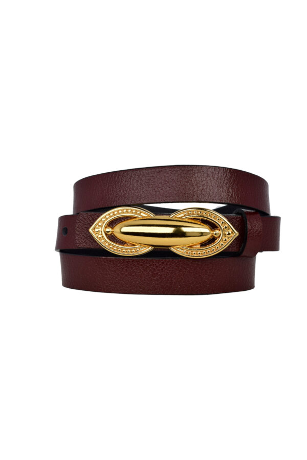 %100 Hakiki Deri, Gold Renk Tokalı İnce 2 cm Bordo Kadın Elbise, Pantolon Kemeri; tümsek - Görsel 8