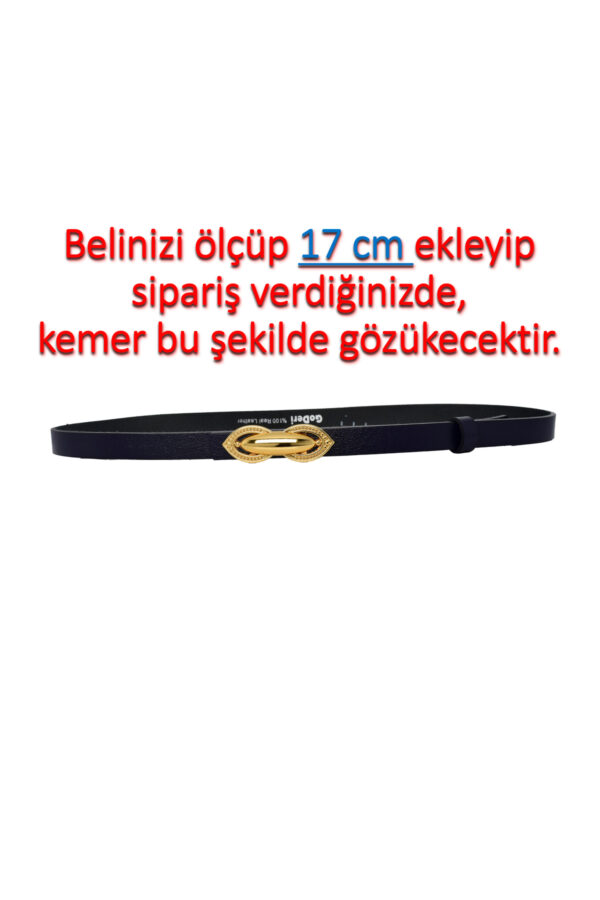 %100 Hakiki Deri, Gold Renk Tokalı İnce 2 cm Lacivert Kadın Elbise, Pantolon Kemeri; tümsek - Görsel 2